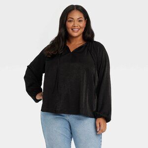 2X - Womens Bishop Long Sleeve Satin Twill Flowy Blouse - Ava Viv - Black